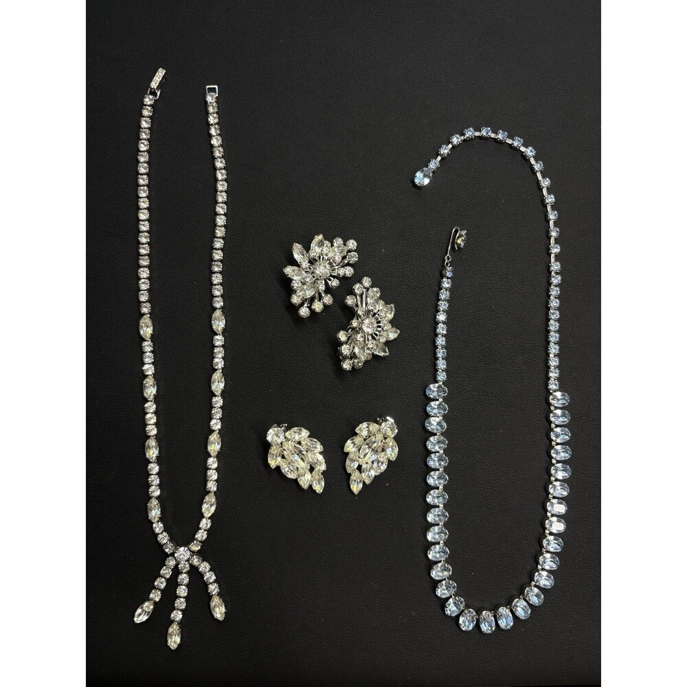 Vintage Kramer Weiss Rhinestone Jewelry Lot Necklace Clip Earrings 4 PCS
